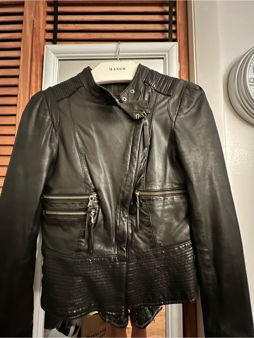 Mango Black Leather Moto Jacket with Quilted Hem